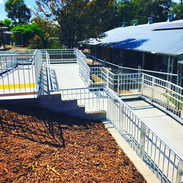 Galvanised compliance balustrades on a commercial access ramp