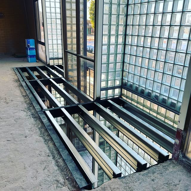 Structural steel framing on a building